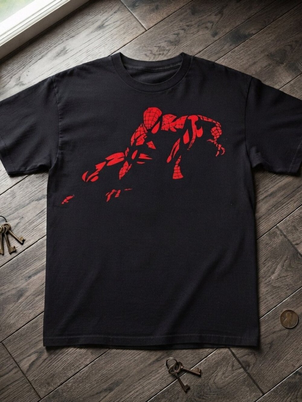 Spider-Man Crouching Red Mosaic Graphic Vintage Black T-Shirt